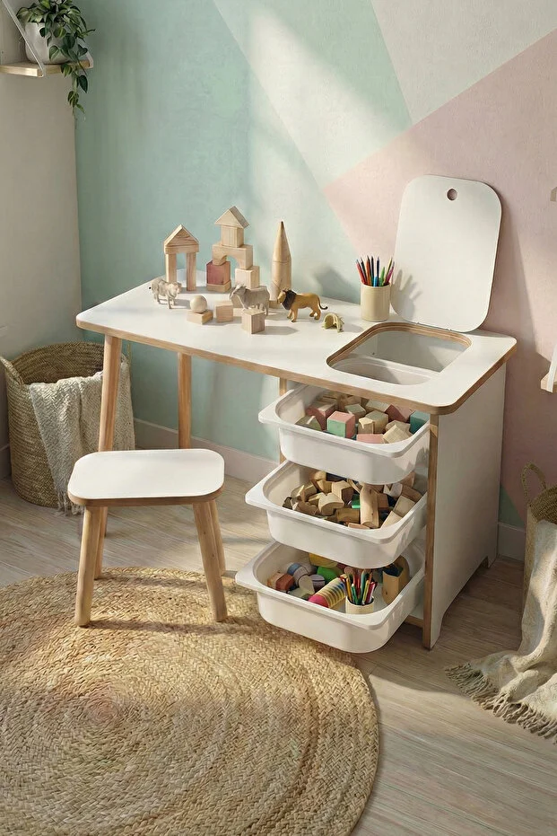 Çocuk Çalışma Masası Oyun Masası Etkinlik Masası Aktivite Masası Seti 1 Masa + 1 Tabure Beyaz